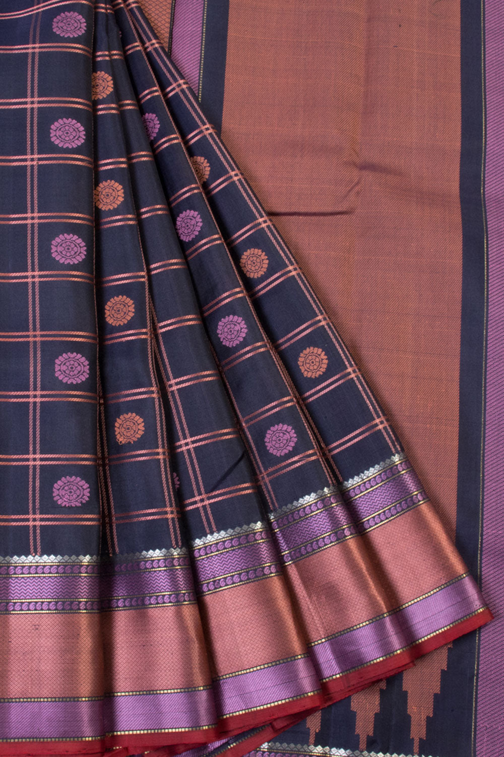 Navy Blue Threadwork Handloom Kanjivaram Silk Saree  - Avishya