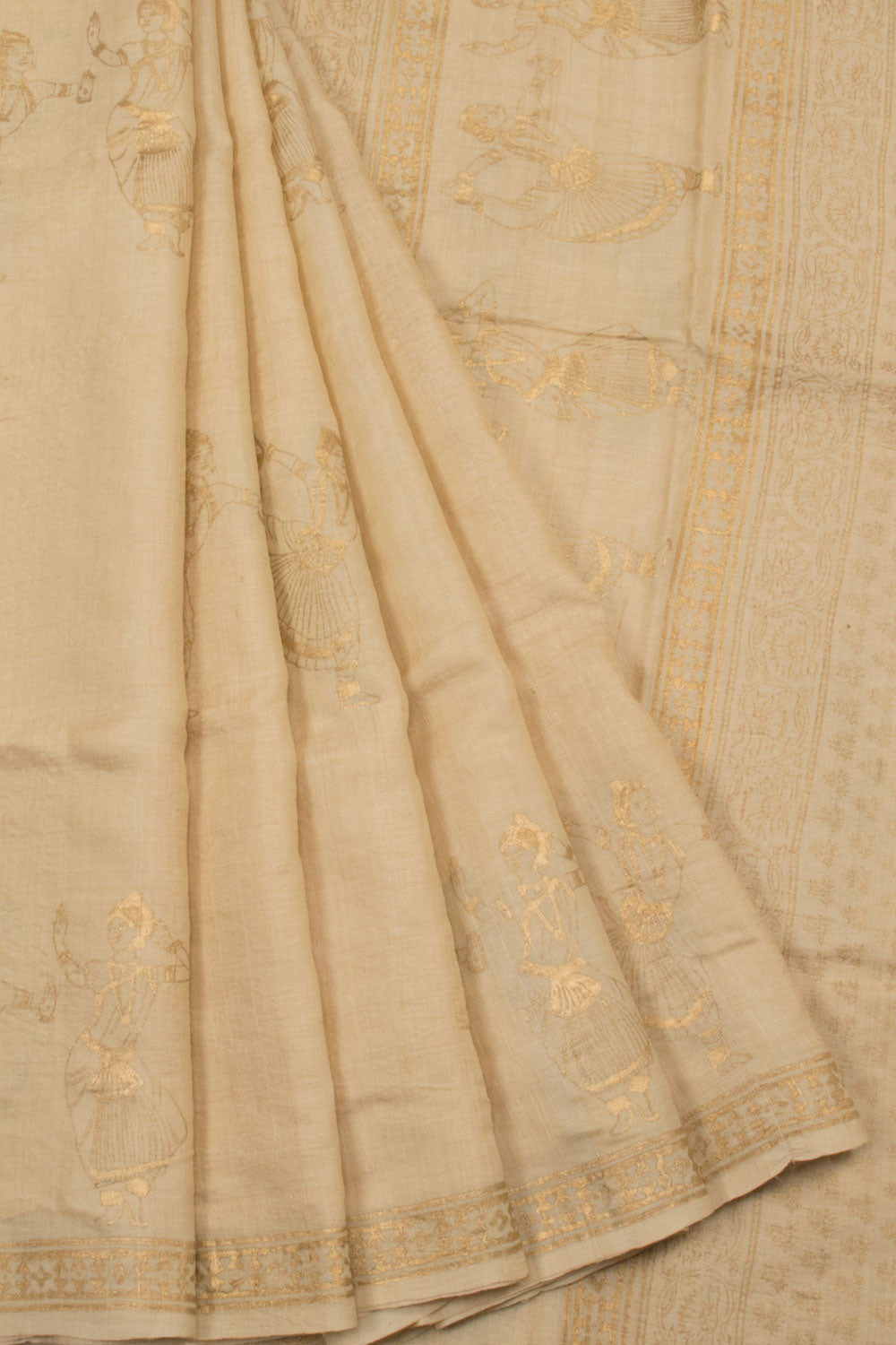 Cream Hand Block Printed Tussar Silk Saree- Avishya