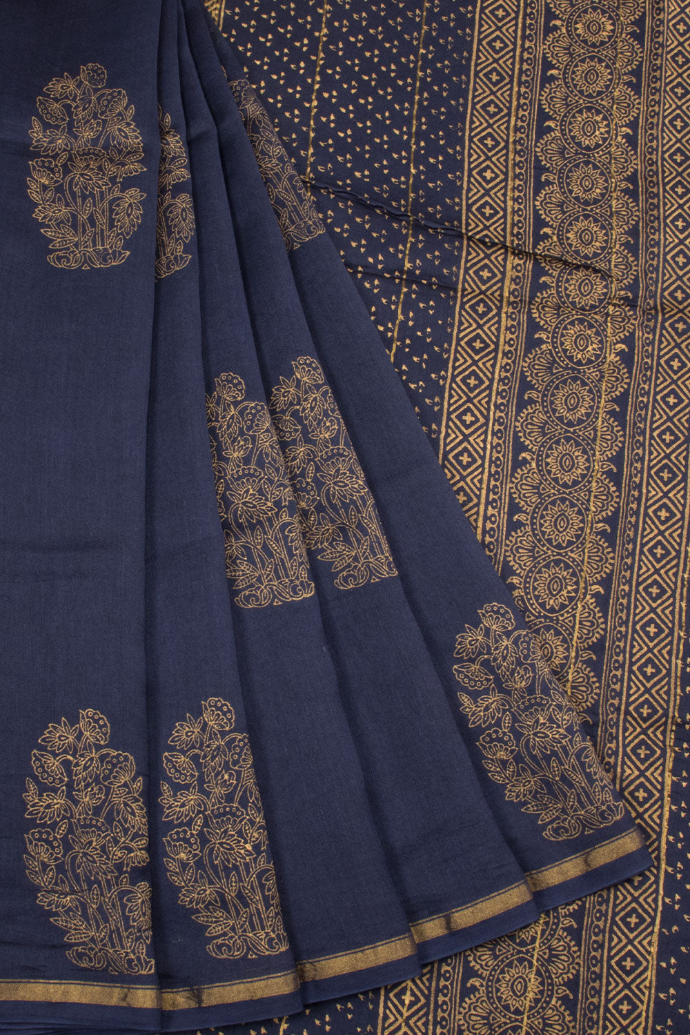 Blue Hand Block Printed Chanderi Silk Cotton Saree 10067905