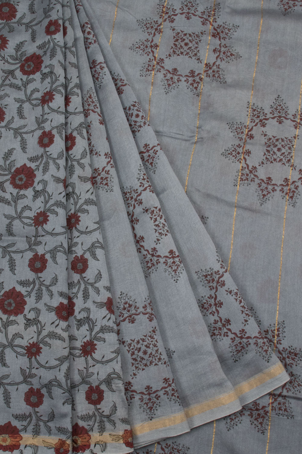 Grey Hand Block Printed Chanderi Silk Cotton Saree - Avishya