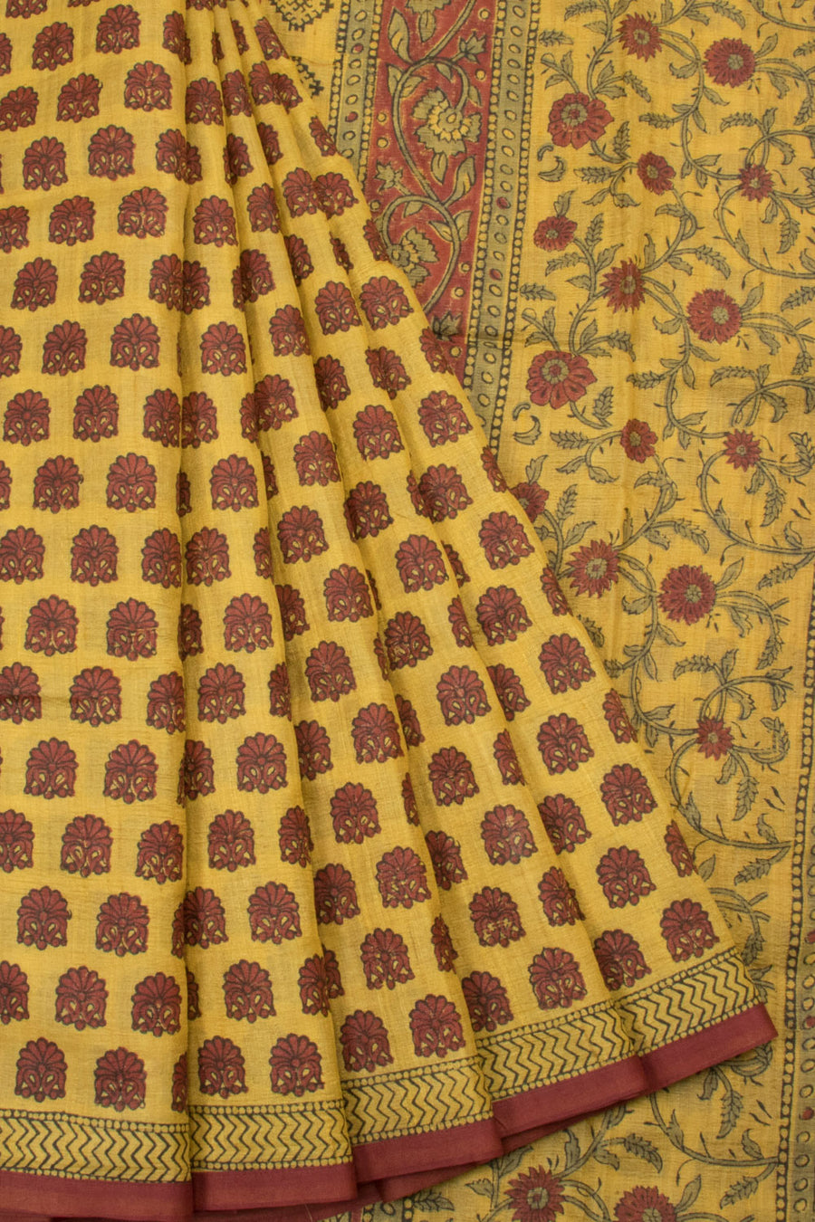 Yellow Hand Block Printed Tussar Silk Saree - Avishya