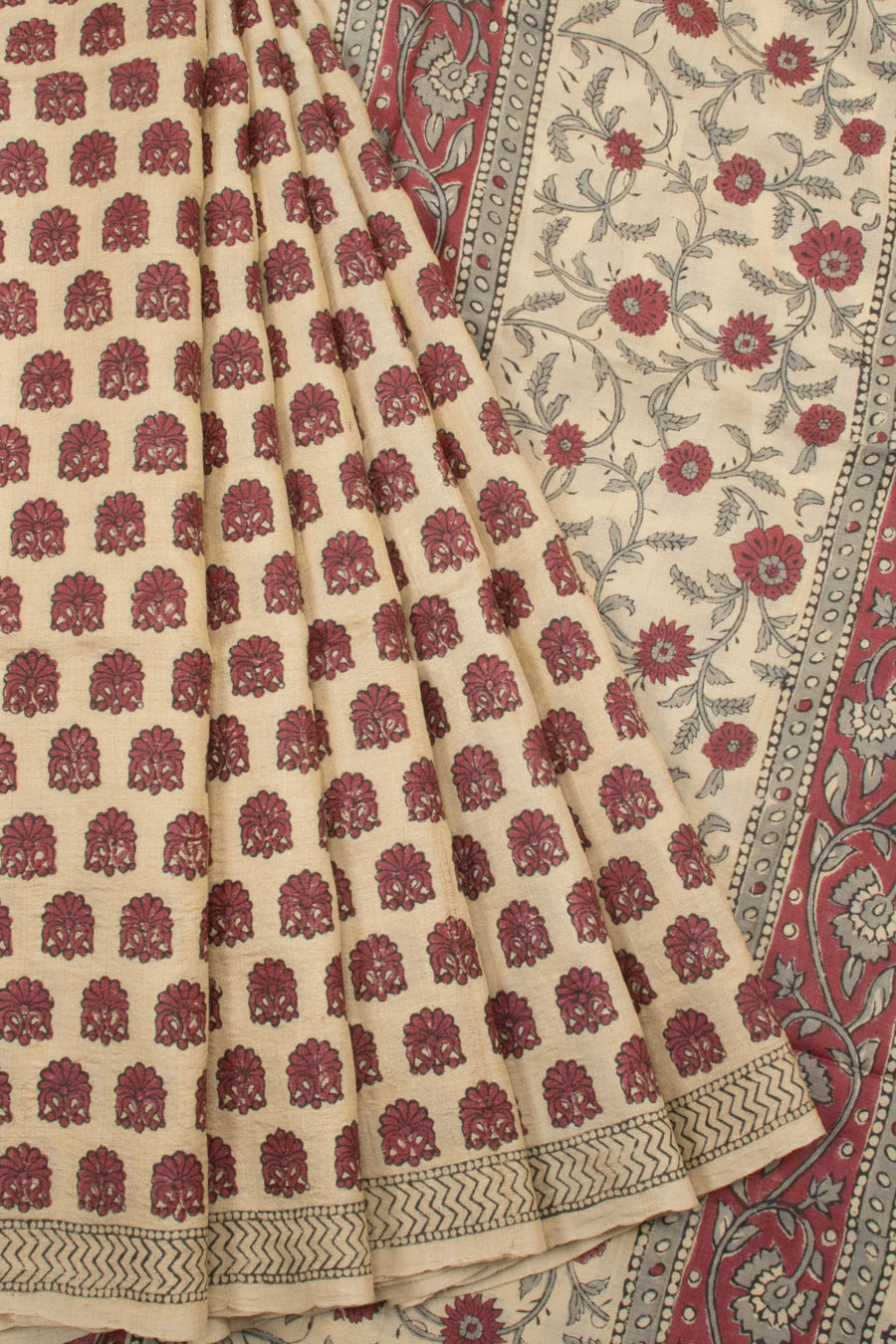 Beige Hand Block Printed Tussar Silk Saree - Avishya