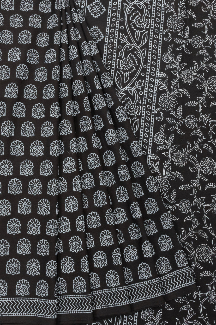 Black Hand Block Printed Mulmul Cotton Saree - Avishya