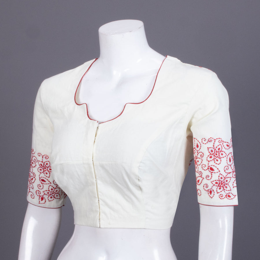 White Kantha Embroidered Chanderi Silk Cotton Blouse - Avishya