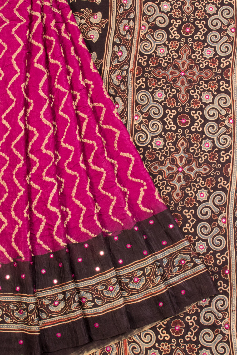 Pink Handcrafted Ajrakh Printed Bandhani Gajji Silk Saree - Avishya