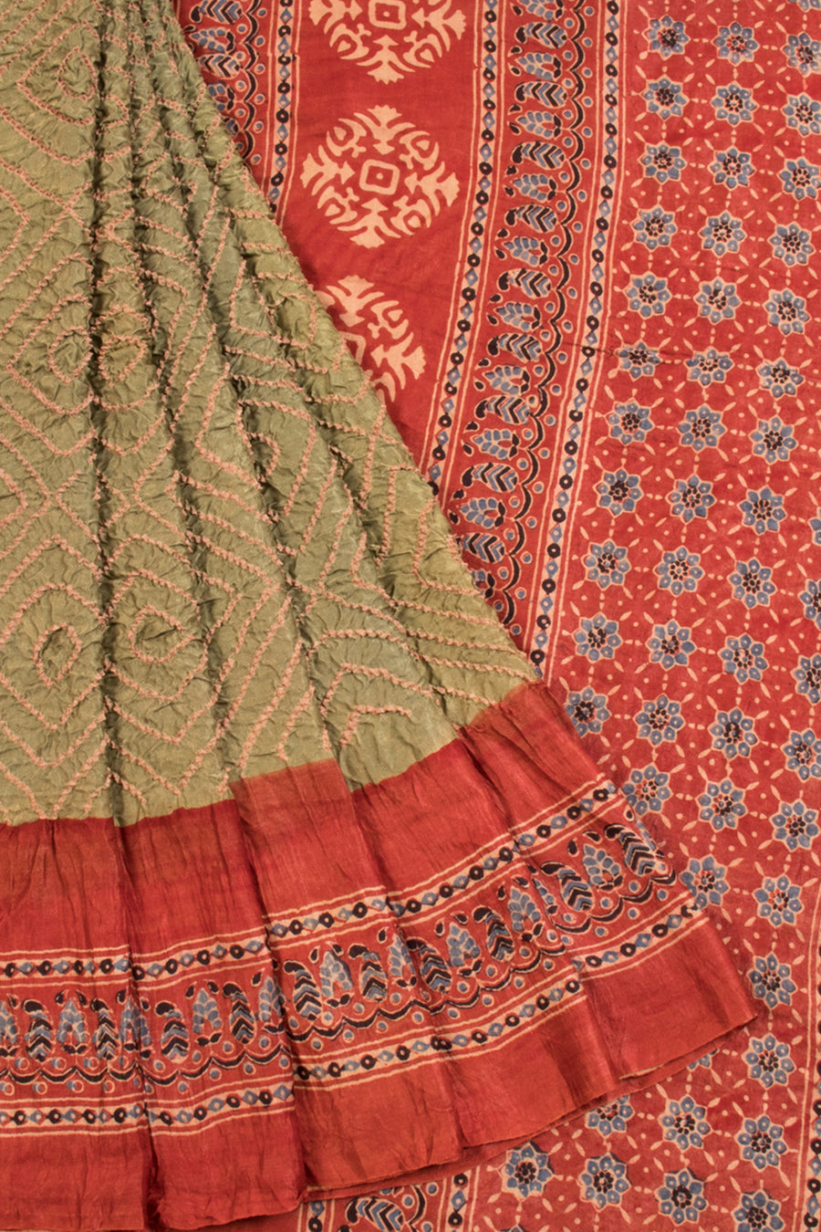 Green Handcrafted Ajrakh Printed Bandhani Gajji Silk Saree - Avishya