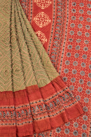 Green Handcrafted Ajrakh Printed Bandhani Gajji Silk Saree - Avishya