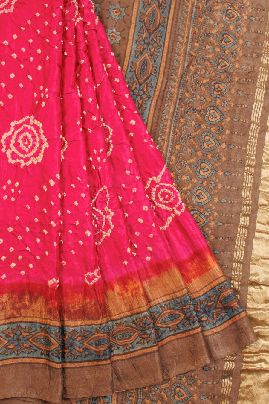 Pink Handcrafted Ajrakh Printed Bandhani Gajji Silk Saree  - Avishya