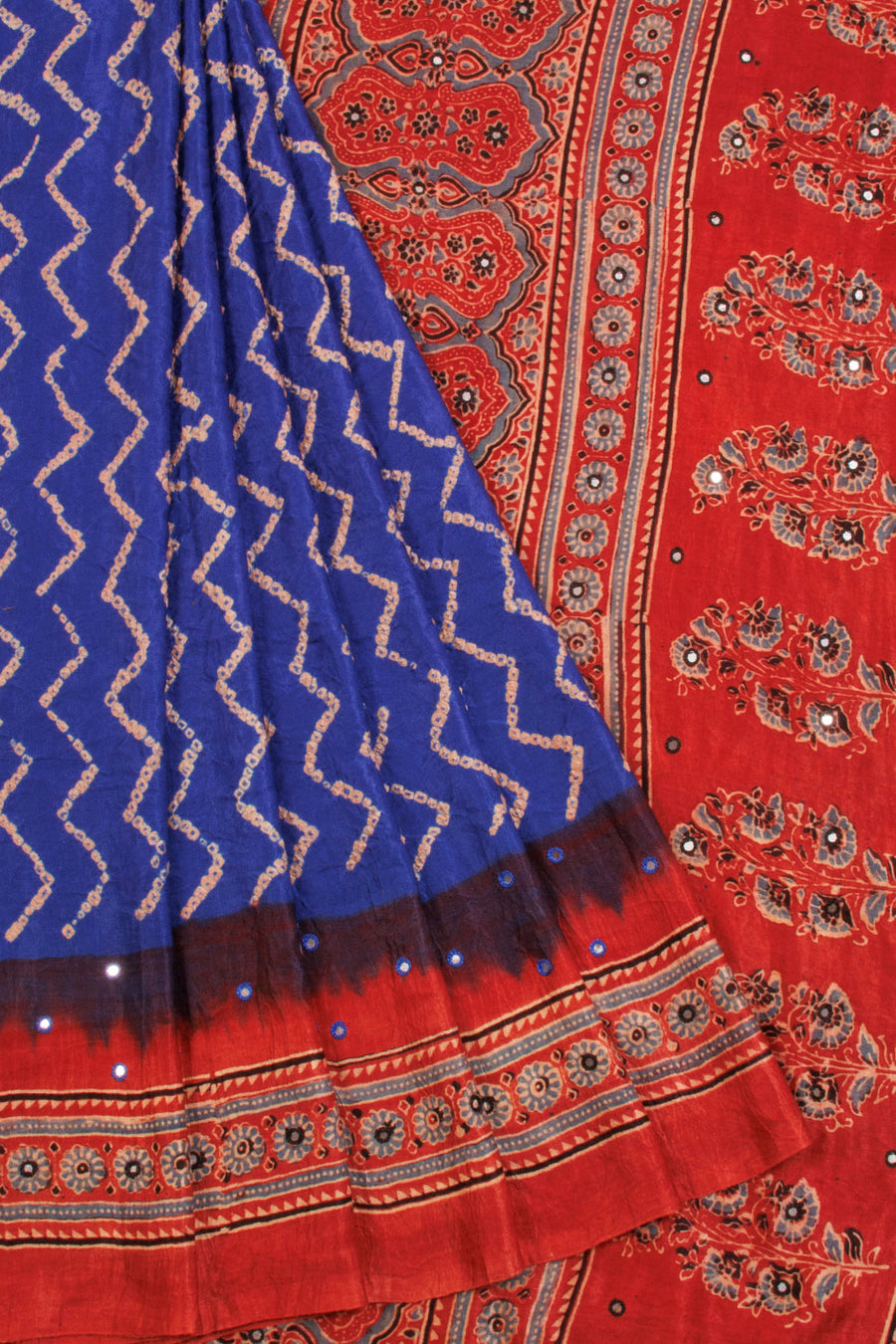 Blue Handcrafted Ajrakh Printed Bandhani Gajji Silk Saree - Avishya