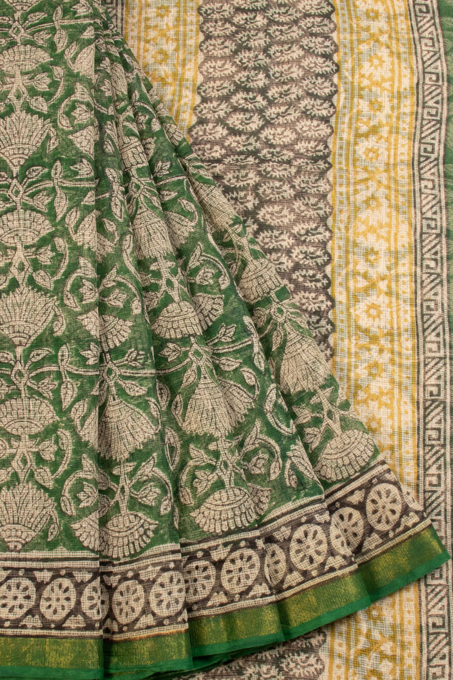 Green Hand Block Printed Kota Cotton Saree - Avishya 