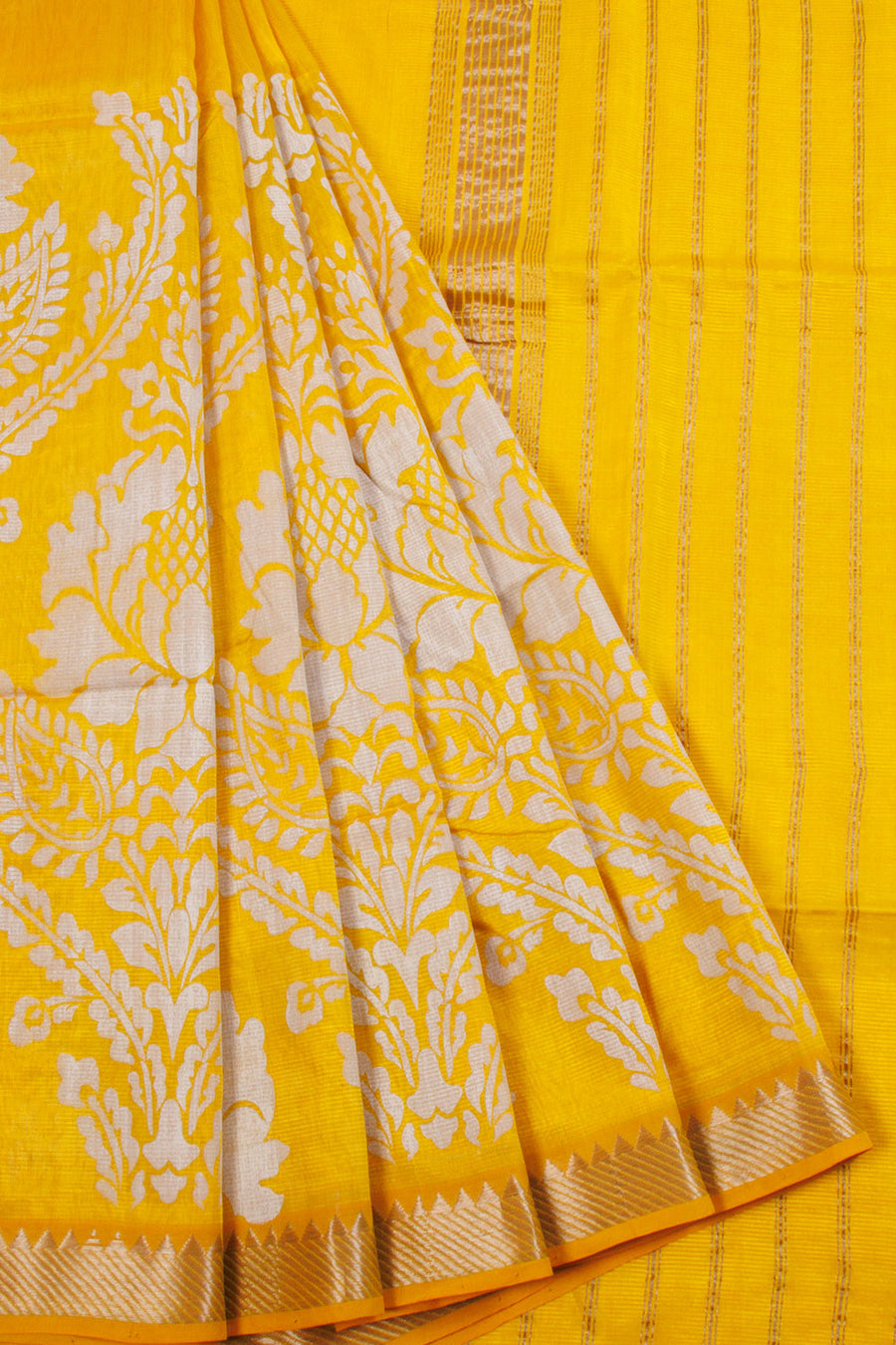 Yellow Handloom Floral Print Mangalgiri Silk Saree - Avishya