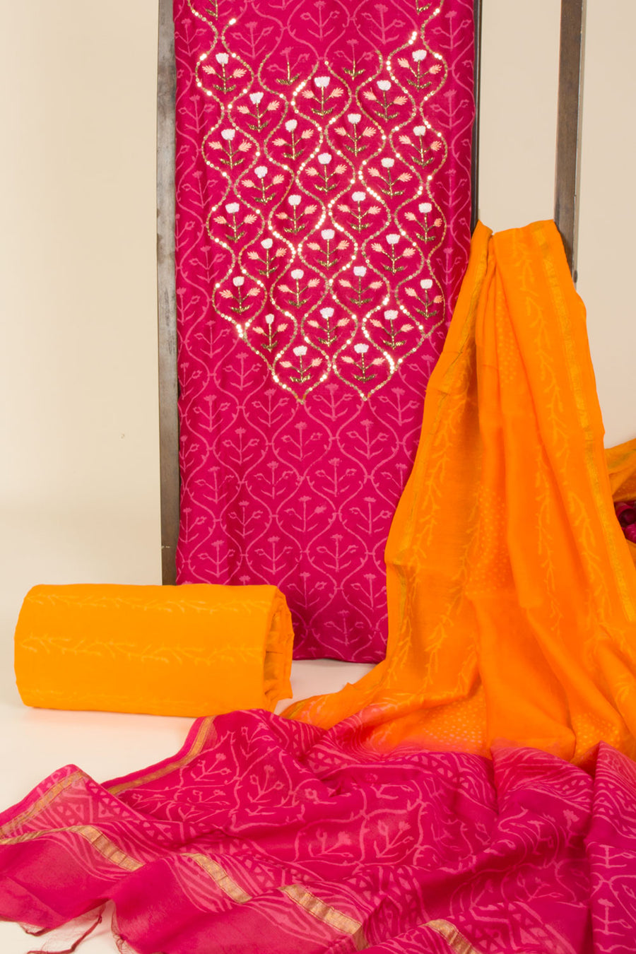 Pink Hand Block Printed Cotton 3-Piece Salwar Suit Material-Avishya