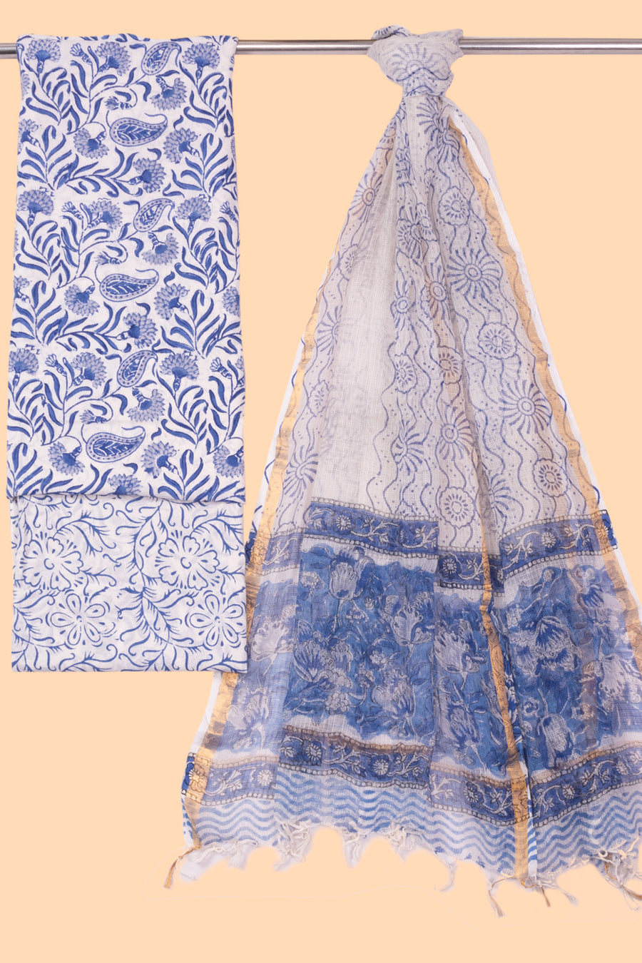 Off White 3-Piece Mulmul Cotton Salwar Suit Material With Kota Dupatta