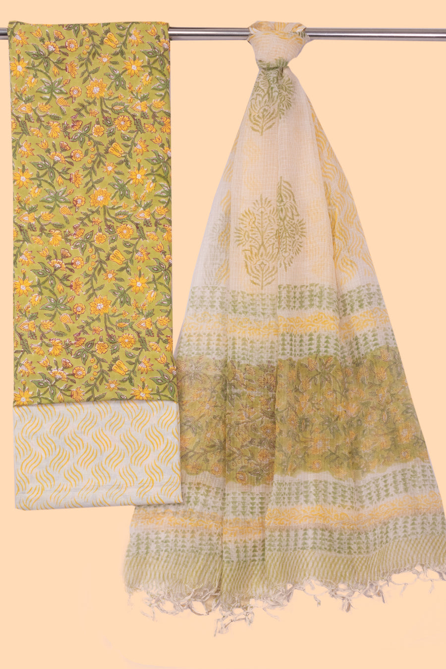 Yellow 3-Piece Mulmul Cotton Salwar Suit Material With Kota Dupatta