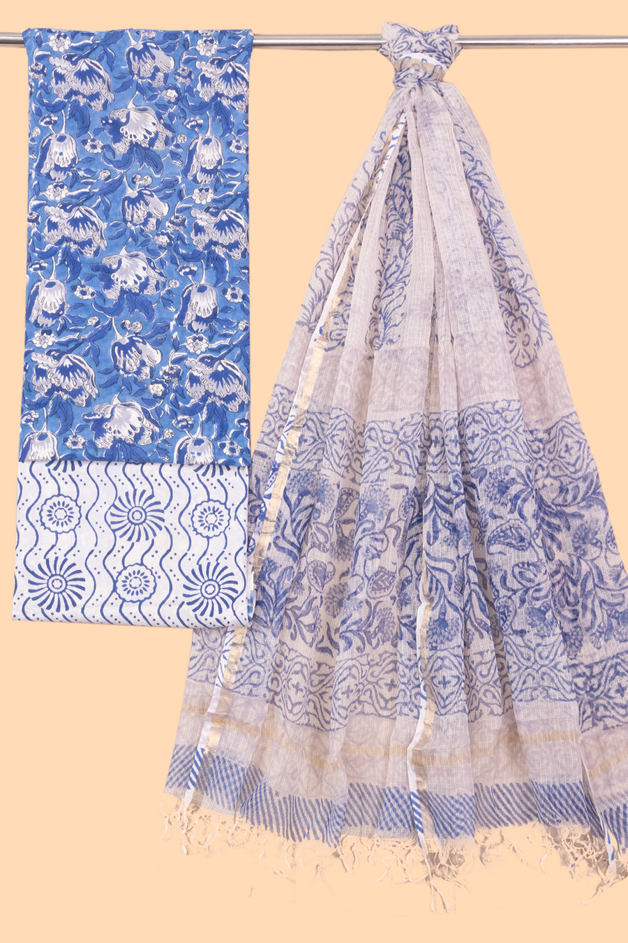 Sapphire Blue 3-Piece Mulmul Cotton Salwar Suit Material With Kota Dupatta 