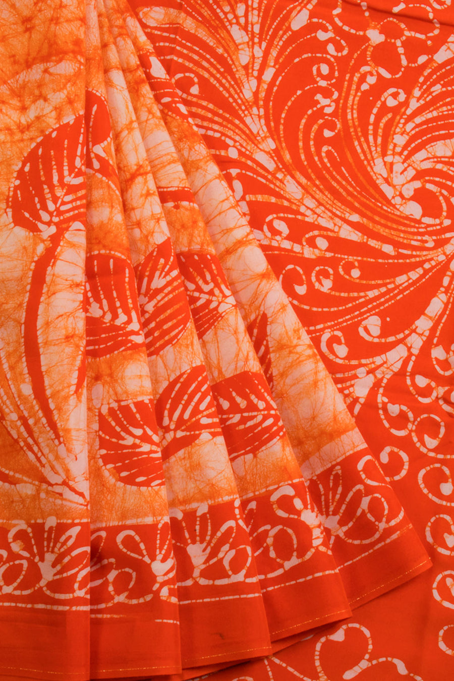 Orange Batik Printed Muslin Silk Saree-Avishya