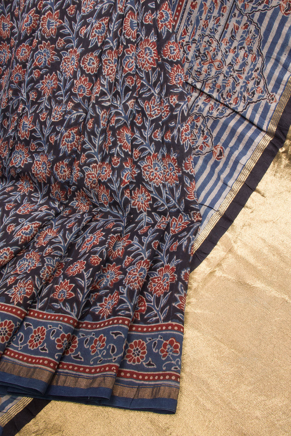 Black Ajrakh Printed Silk Cotton Saree With Lagdi Patta Zari Pallu 10068337
