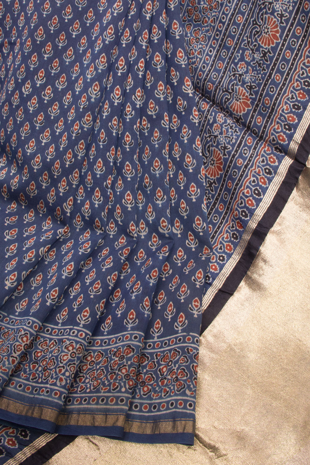 Blue Ajrakh Printed Silk Cotton Saree With Lagdi Patta Zari Pallu 10068338