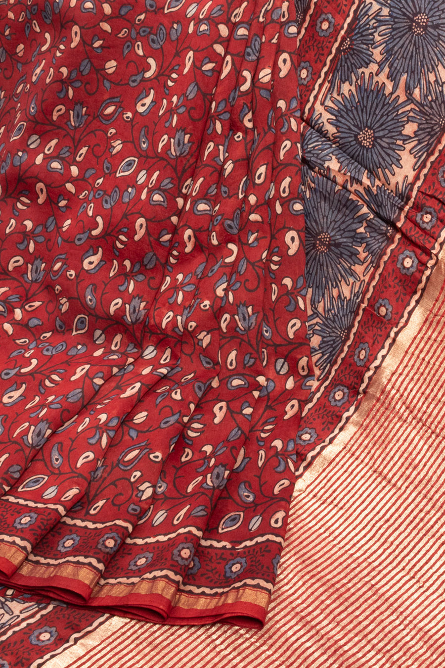 Maroon Ajrakh Printed Silk Cotton Saree With Langdi Patta zari pallu - Avishya