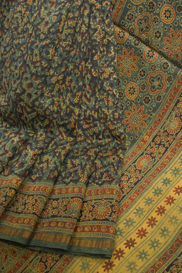 Green Ajrakh Printed Silk Cotton Saree 10068353