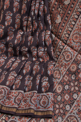 Black Ajrakh Printed Silk Cotton Saree - Avishya