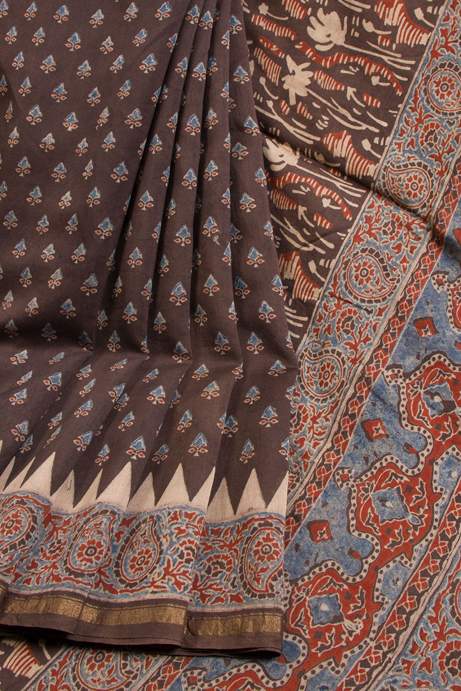Brown Ajrakh Printed Silk Cotton Saree - Avishya