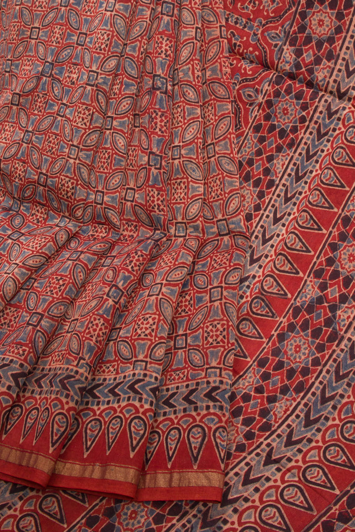 Red Ajrakh Printed Silk Cotton Saree - Avishya