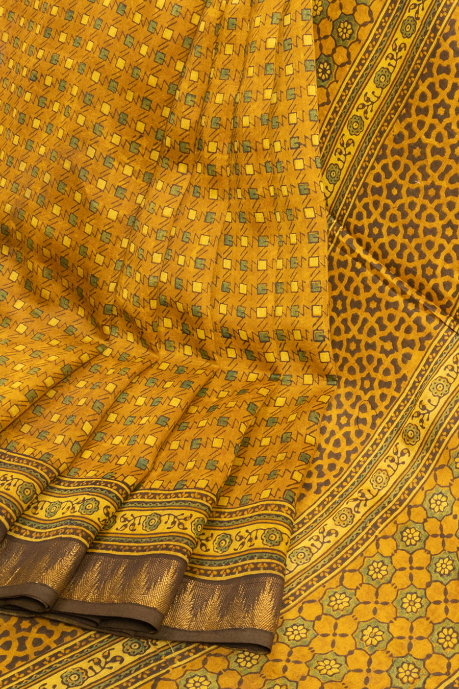 Mustard Yellow Ajrakh Printed Silk Cotton Saree - Avishya