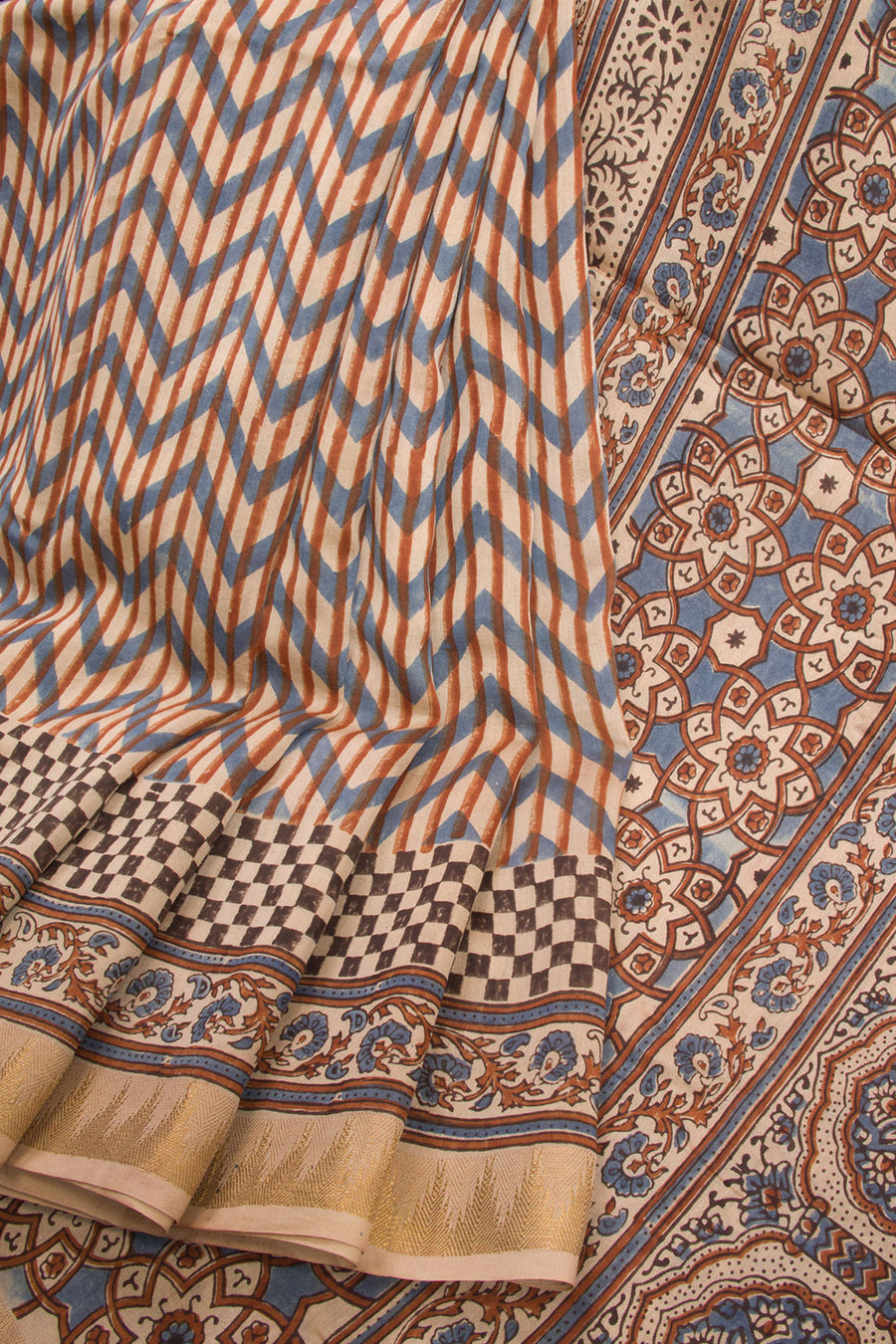 Beige Ajrakh Printed Silk Cotton Saree - Avishya