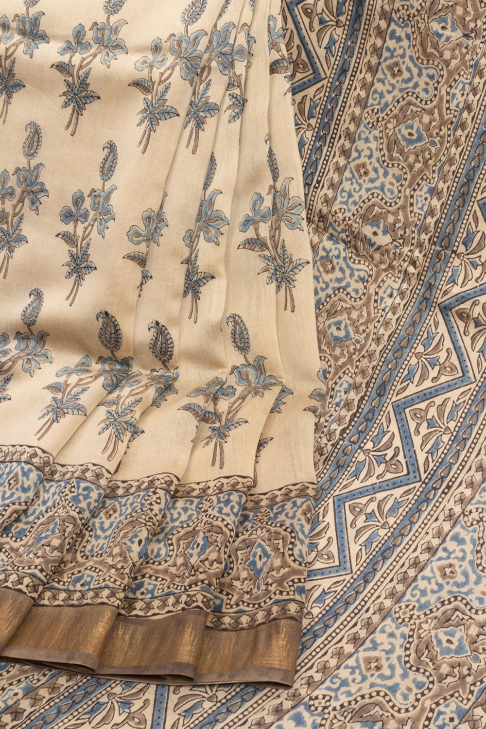 Beige Ajrakh Printed Silk Cotton Saree 10068370