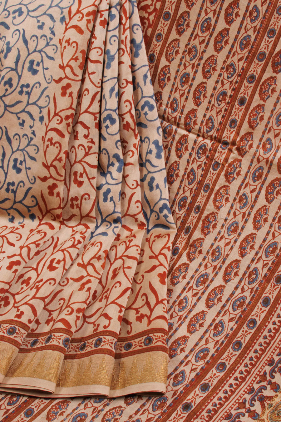 Beige Ajrakh Printed Silk Cotton Saree  - Avishya