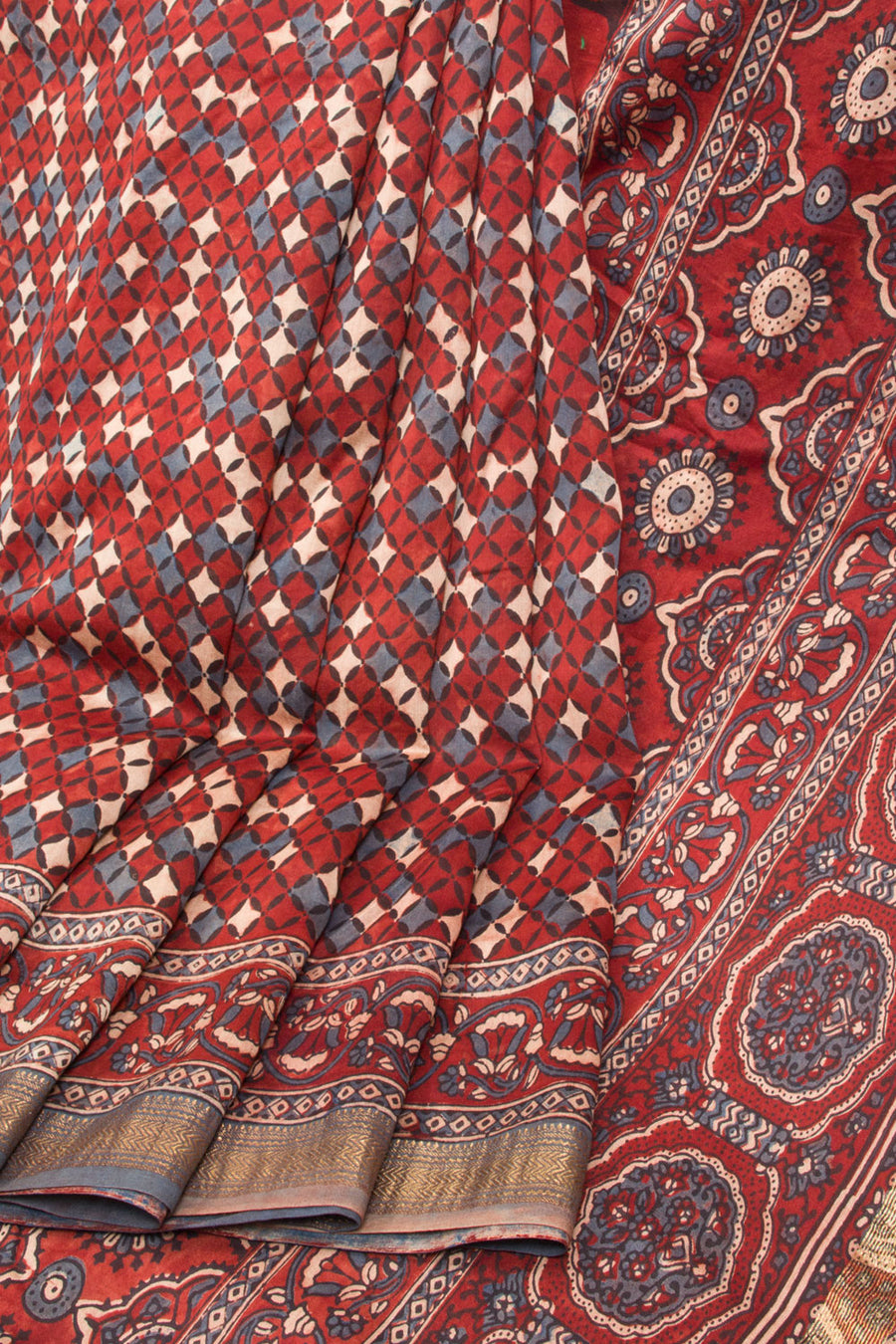 Maroon Ajrakh Printed Silk Cotton Saree - Avishya