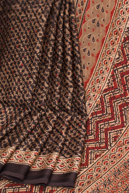 Black Ajrakh Printed Silk Cotton Saree 10068395