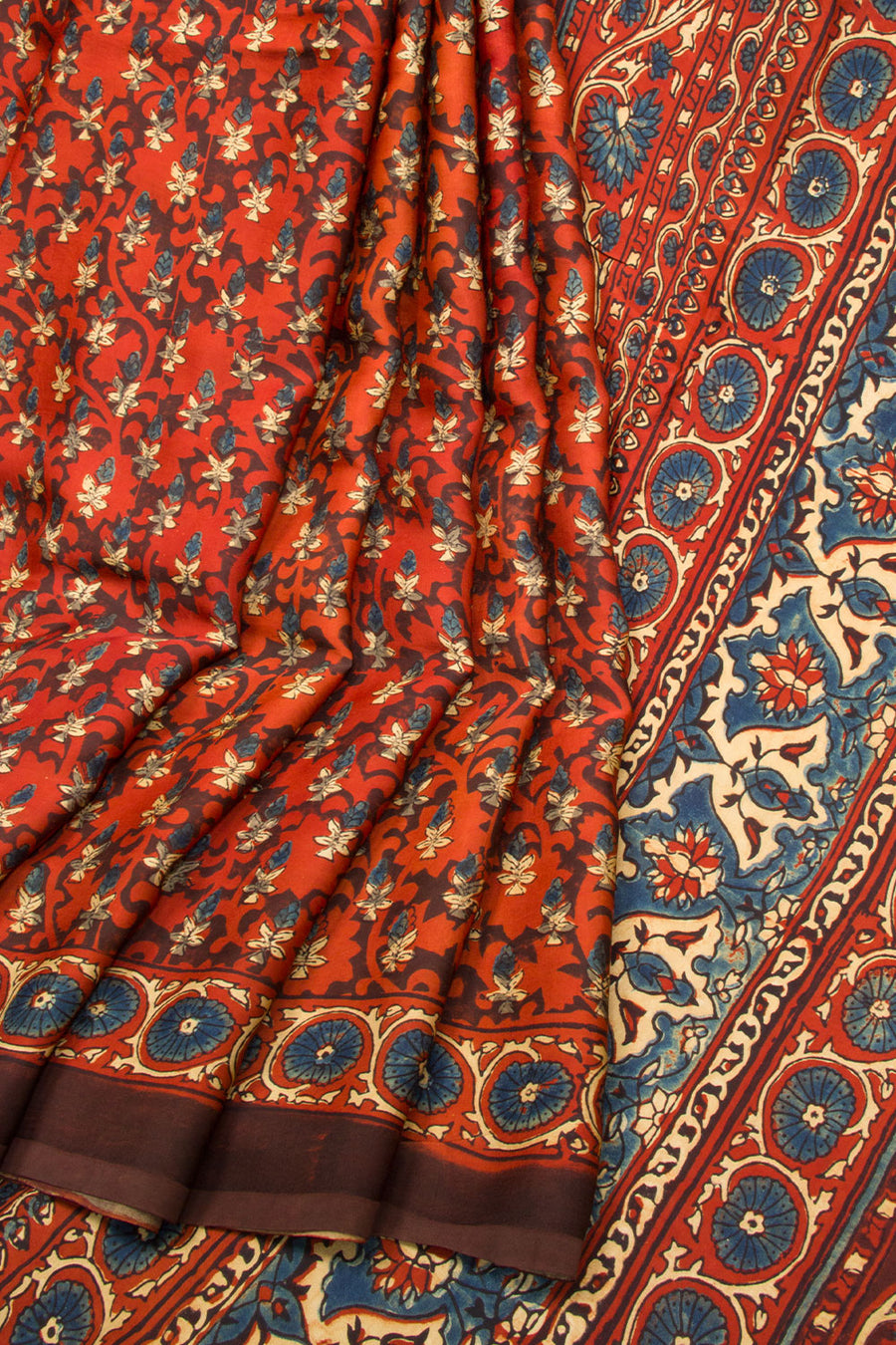 Red Ajrakh Printed Modal Silk Saree - Avishya