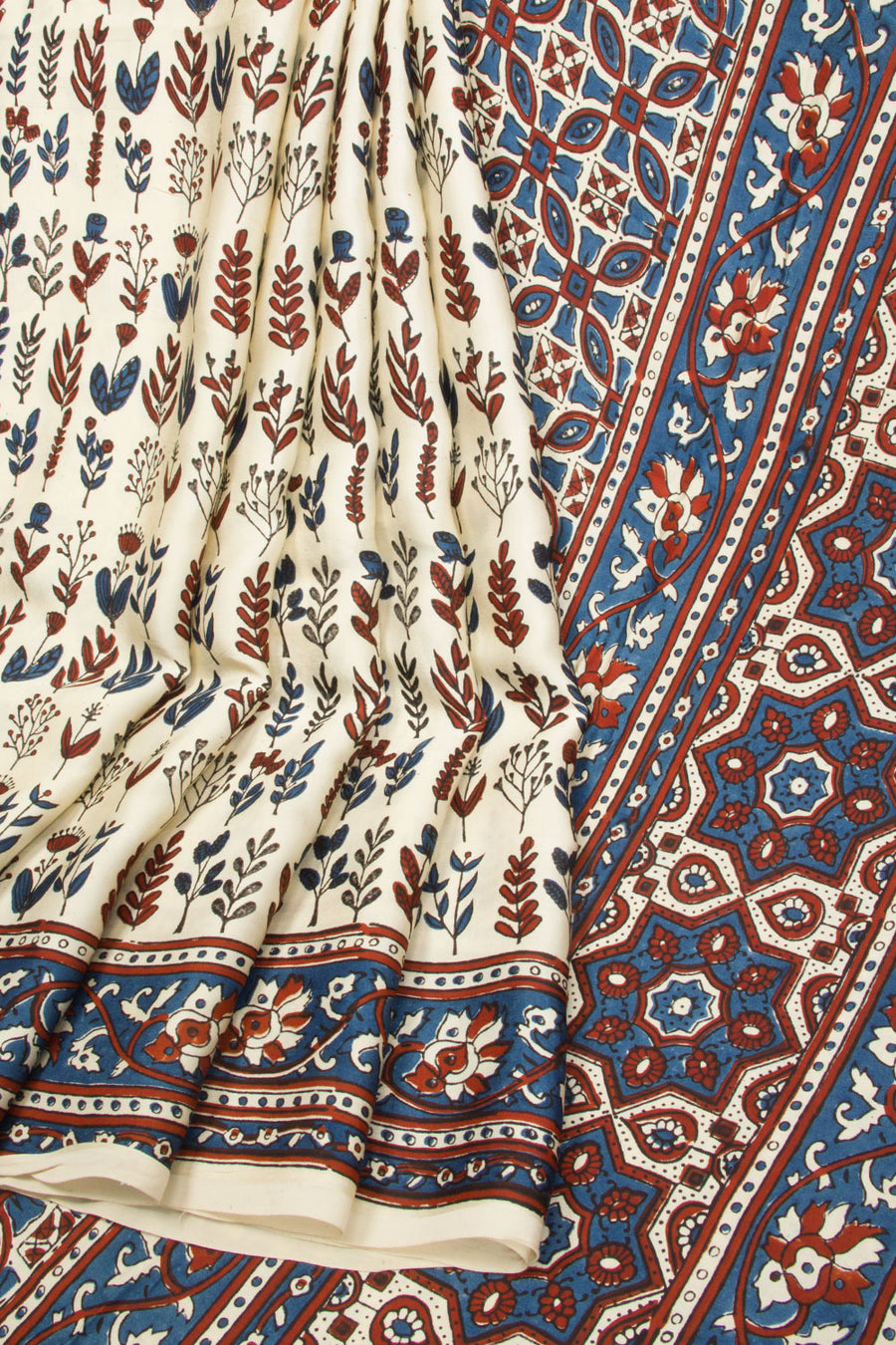 Beige Ajrakh Printed Modal Silk Saree - Avishya