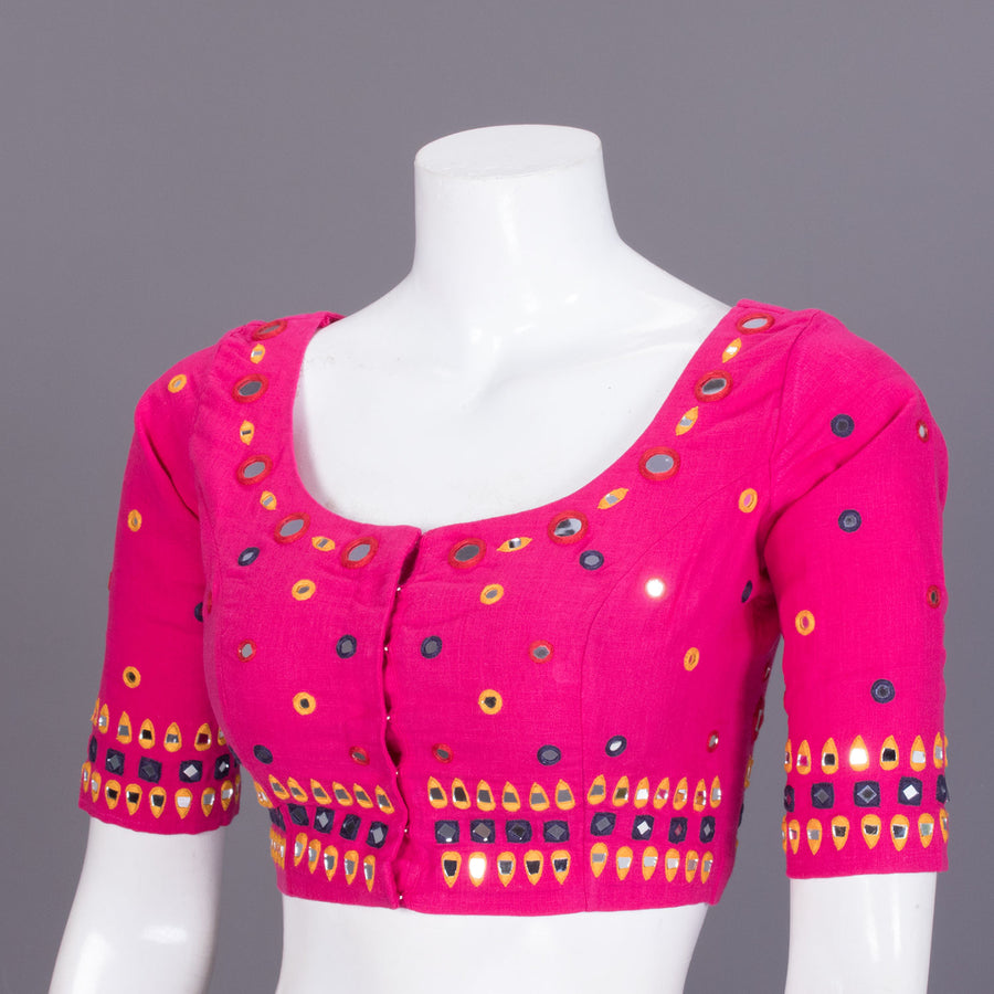 Pink Hand Embroidered Mirror Work Chanderi Silk Cotton Blouse - Avishya