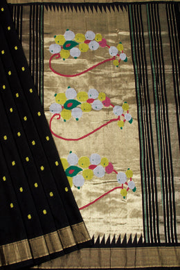 Black Handloom Paithani Cotton Saree 10068438 - Avishya