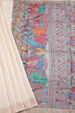 Beige Hand Painted Staple Silk Madhubani Saree With Tussar Pallu 10068442 - Avishya