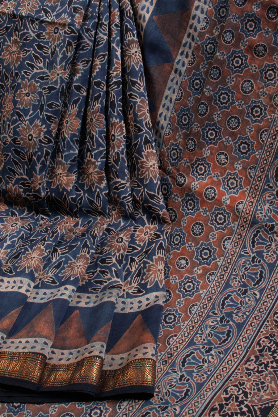  Blue Ajrakh Printed Silk Cotton Saree 10068376 - Avishya