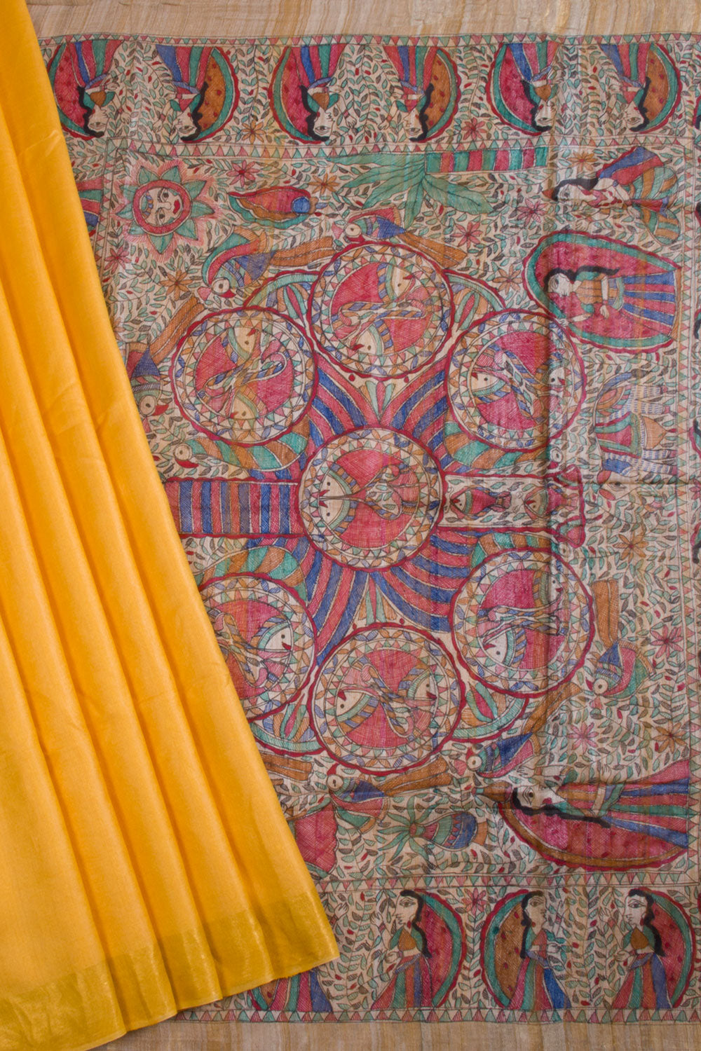 Yellow Hand Printed Staple Silk Madhubani Saree With Tussar Pallu 10068443 - Avishya