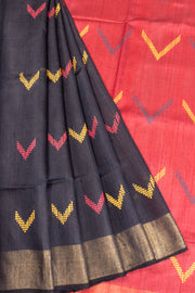 Black Handloom Bhagalpur Dupion Tussar Silk Saree - Avishya