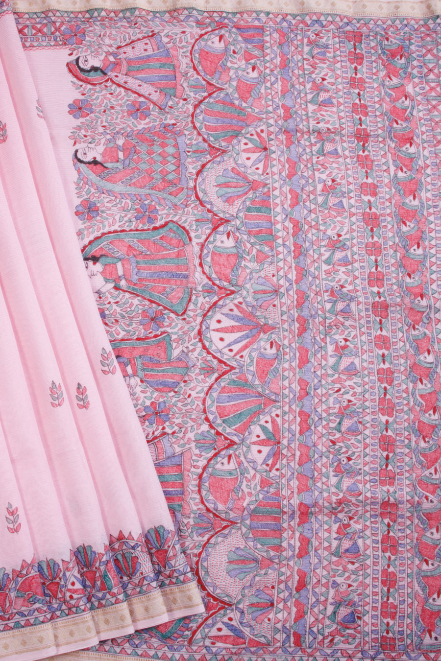 Pink Hand Painted Silk Cotton Madhubani Saree 10068470 - Avishya