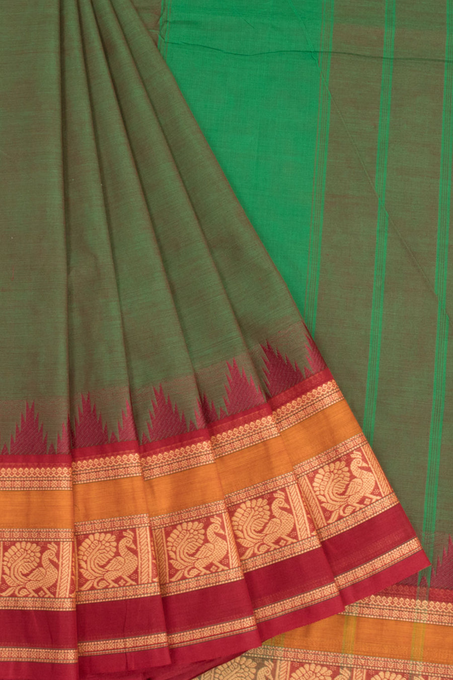 Green Handwoven Kanchi Cotton Saree 10068509 - Avishya