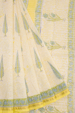 Off White Sanganeri Printed Silk Cotton Saree 10068554