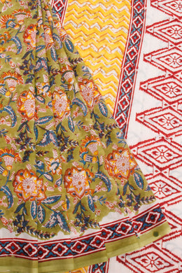 Green Vanaspathi Hand Block Printed Mulmul Cotton Saree 10068581  - Avishya