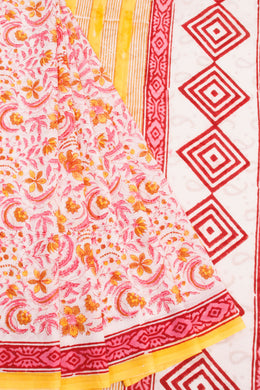 Off White Hand Block Print Mulmul Cotton Saree 10068582 - Avishya