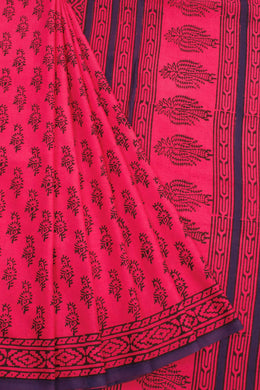 Pink Bagru Printed Mulmul Cotton Saree 10068583 - Avishya