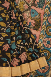 Black Hand Painted Pen Kalamkari Silk Cotton Saree 10068728