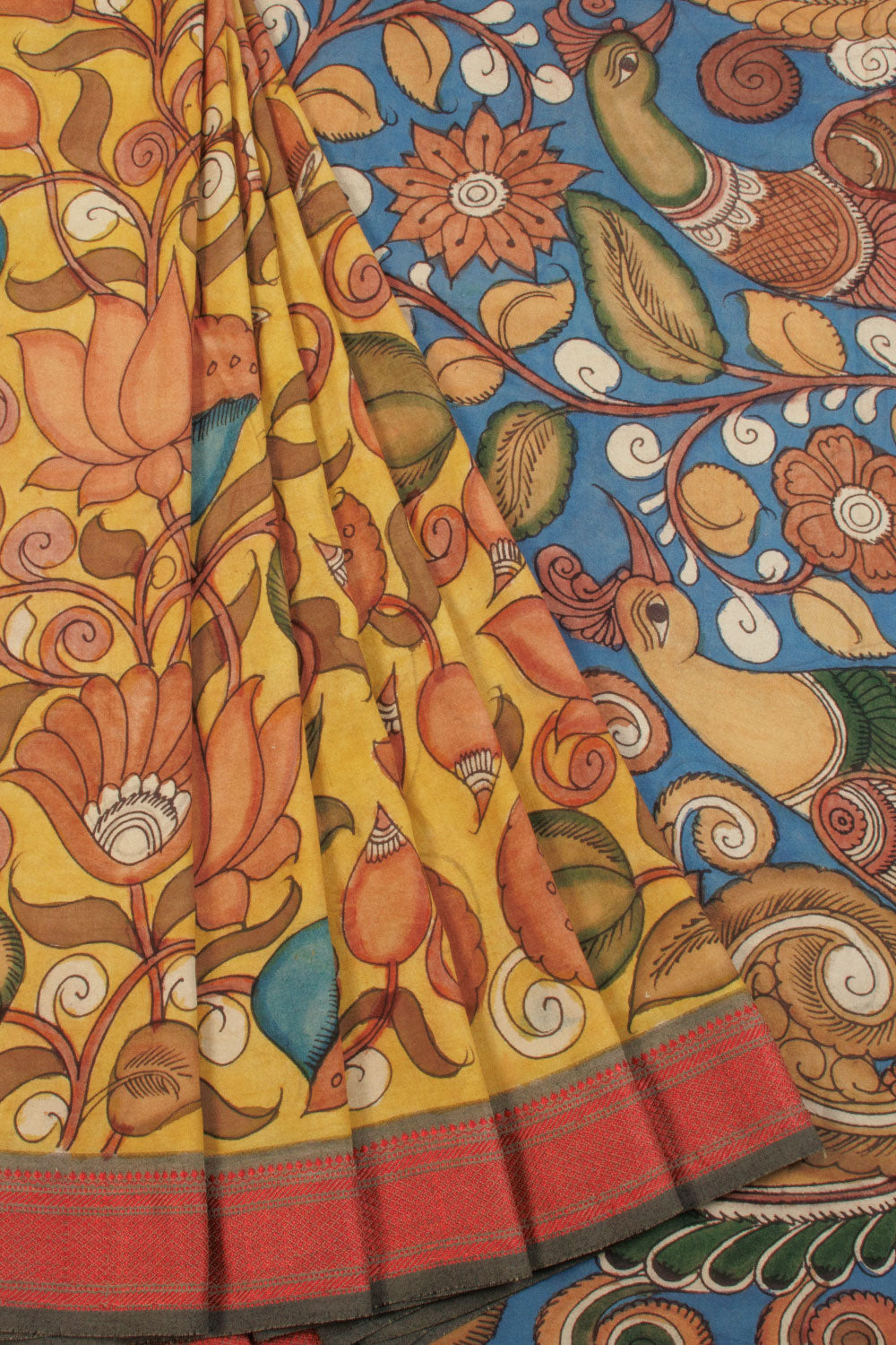 Yellow Hand Painted Pen Kalamkari Silk Cotton Saree 10068730