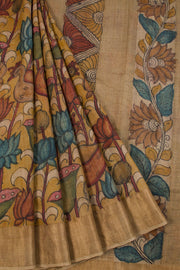 Yellow Hand Painted Pen Kalamkari Tussar Silk Saree 10068731